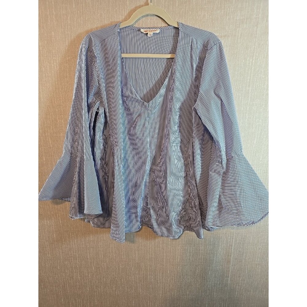 Grand & Greene womens blue, white Striped Blouse Bell Sleeves oversized Size L